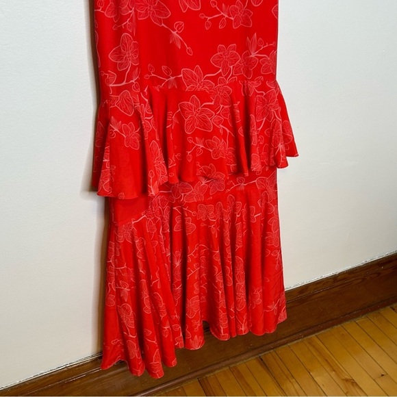 No Pise La Grama Sz 8 Luna Bonita Red Ruffle Orchid Floral Print Maxi Dress - Picture 4 of 13